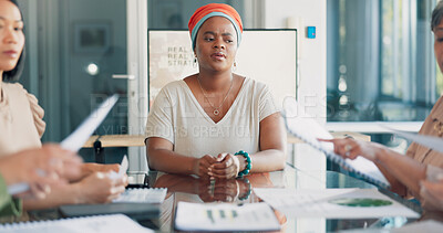 Buy stock photo Meeting, planning and doubt with a business black woman in the boardroom looking confused at company strategy. Review, question and collaboration with an employee team in the office for compliance