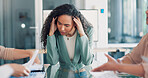 Stress, meeting and business black woman headache, pain or anxiety, thinking of documents review. Burnout, fatigue or depression of a tired worker or employee with chaos paperwork and busy team hands