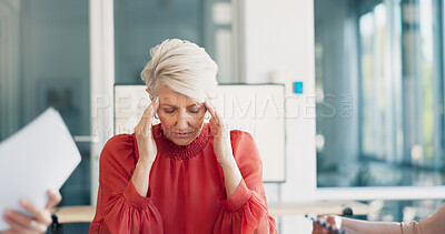 Buy stock photo Paperwork, meeting and tired business woman with headache, stress or anxiety thinking of documents review. Burnout, fatigue and focus problem of senior manager or boss in office chaos and busy hands