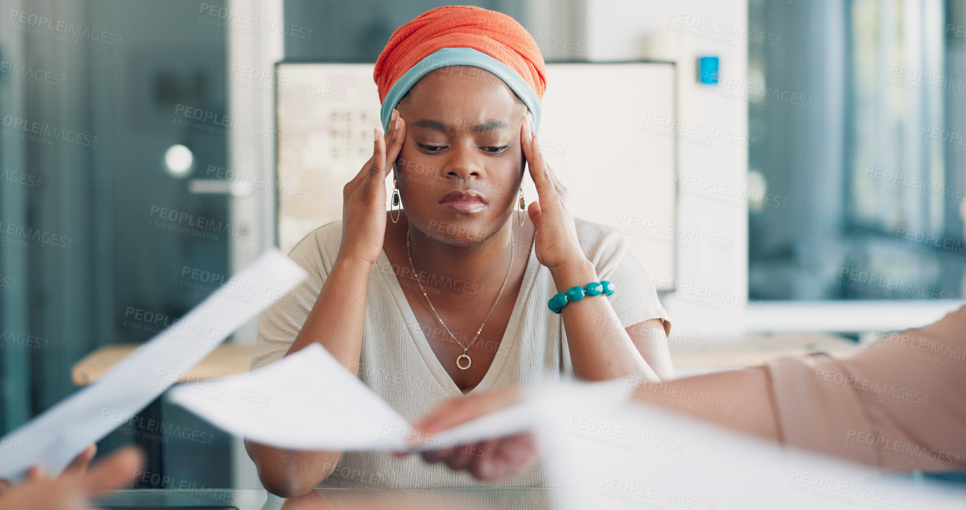 Buy stock photo Business, stress and black woman with a headache, multitasking and anxiety with a schedule, overworked or frustrated. Female person, employee or consultant with a migraine, burnout or workflow crisis