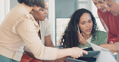 Buy stock photo Phone call, chaos and stress with business woman in office for documents, crisis and burnout. Overworked, time management and multitasking with person in agency for workflow, anxiety and pressure
