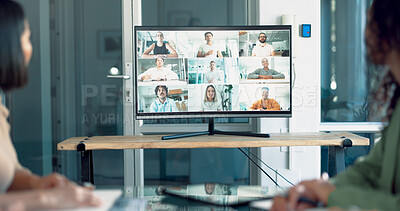 Buy stock photo Online meeting, video call and screen with business people in office for virtual, communication and conference. Teamwork, discussion and webinar with employees in digital agency for networking