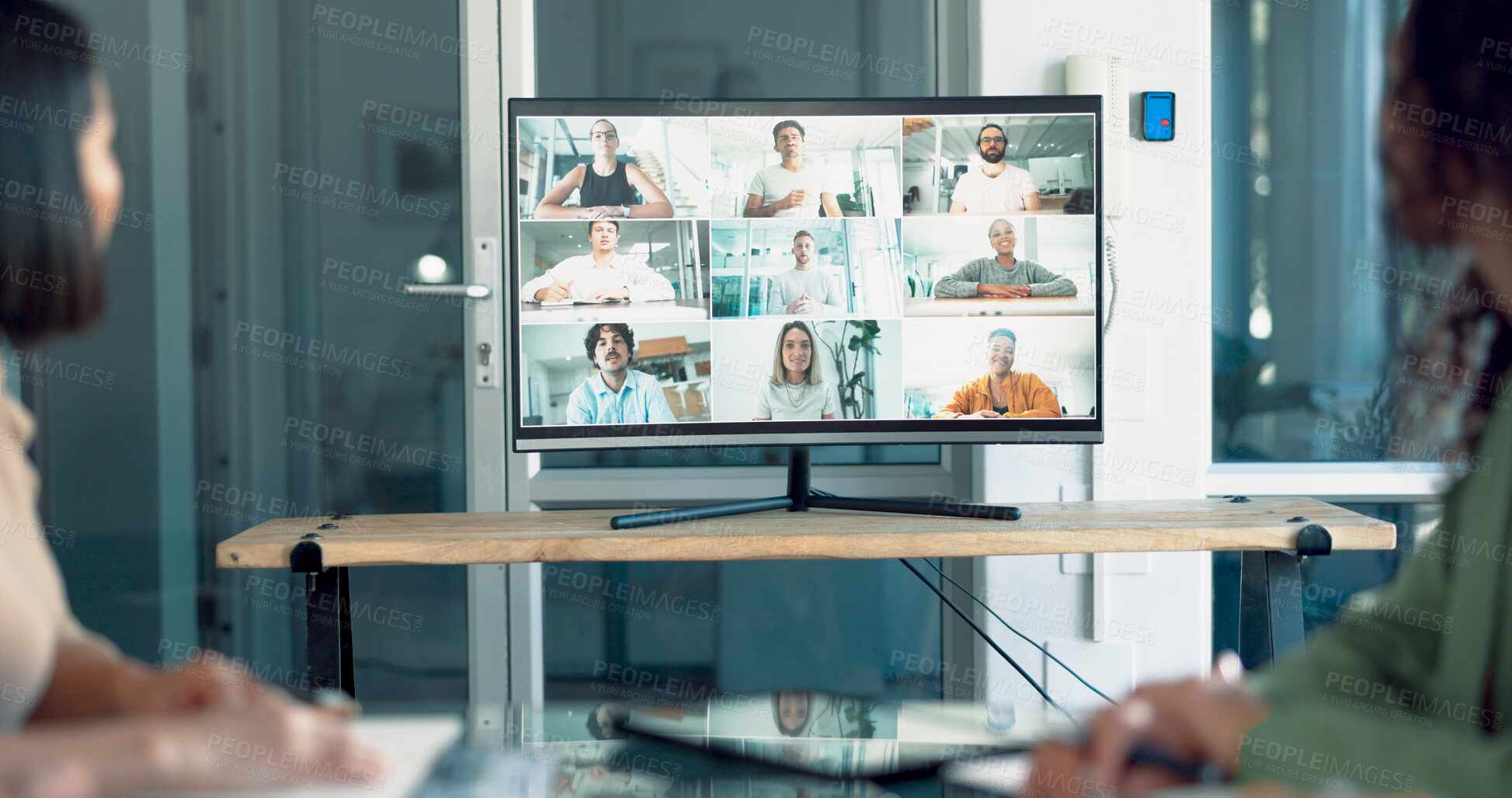 Buy stock photo Online meeting, video call and screen with business people in office for virtual, communication and conference. Teamwork, discussion and webinar with employees in digital agency for networking