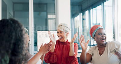 Buy stock photo Applause, success and business women in meeting celebrate winning, achievement and good news. Teamwork, collaboration and people clapping hands, cheer and excited for company growth, support and goal