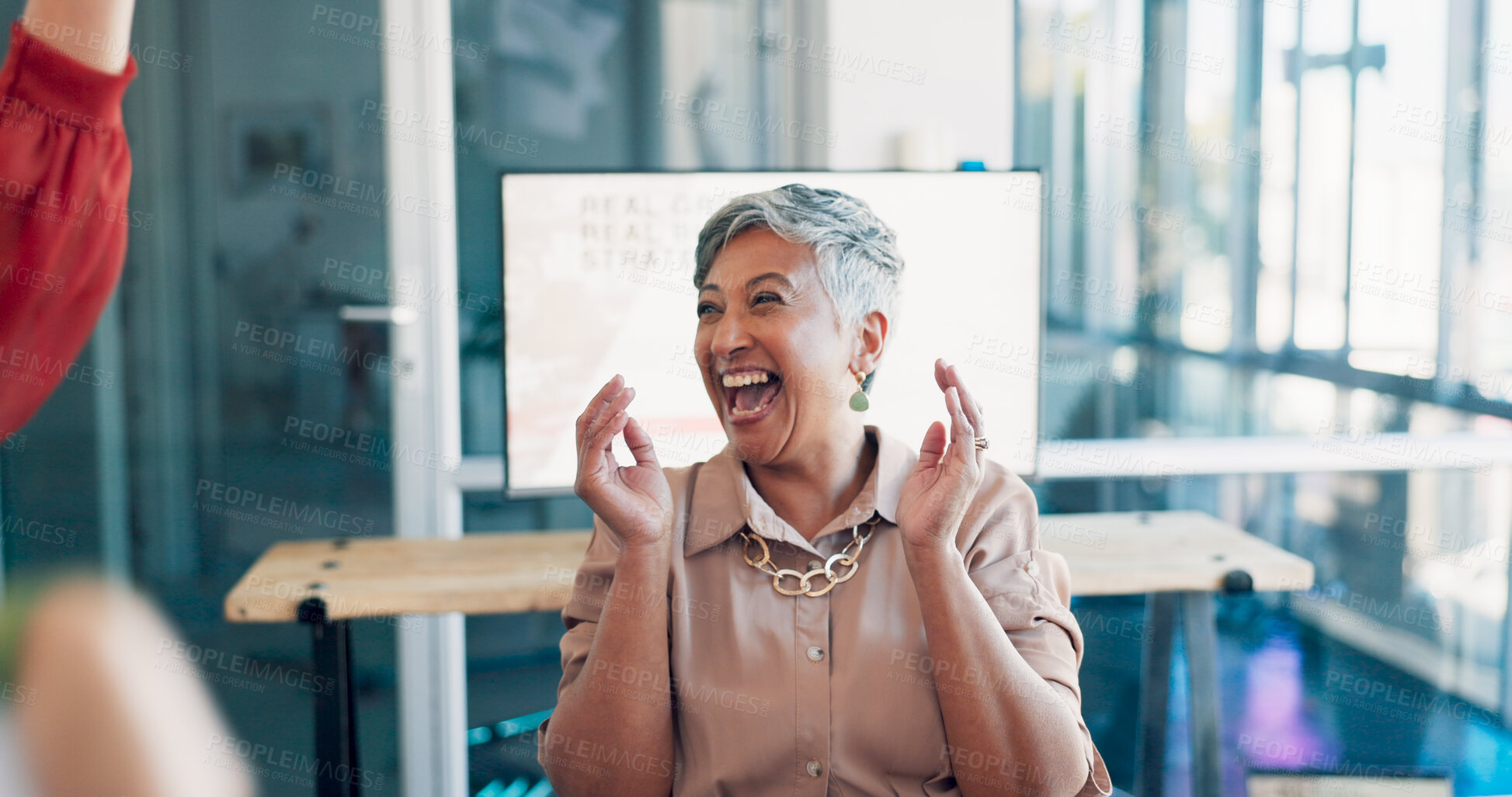 Buy stock photo Applause, happy and business woman in meeting celebrate winning, achievement and good news. Teamwork, collaboration and people clapping hands, cheer and excited for company growth, support and goal