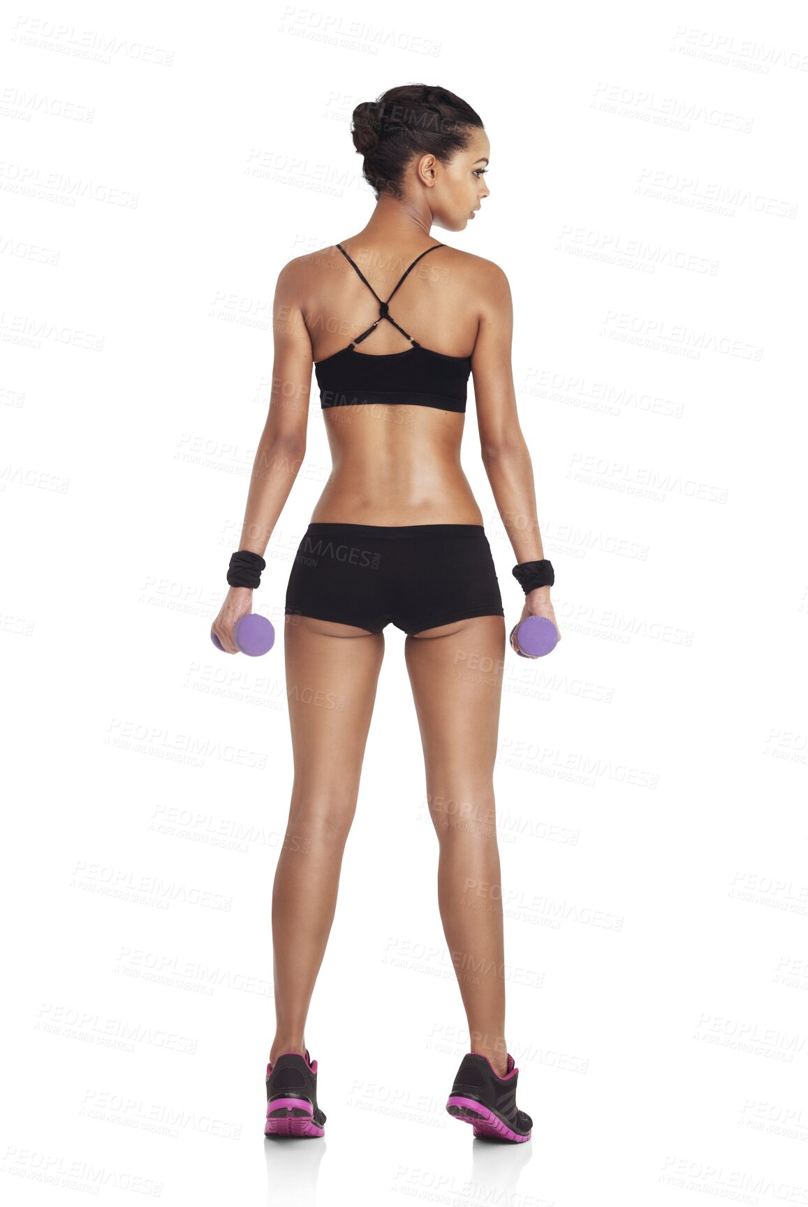 Buy stock photo Body fitness, woman and dumbbell isolated on a transparent, png background for ass and back exercise. Bodybuilder, athlete or sports person with workout or training for wellness, gym and health rear