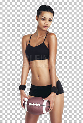 Woman body, sports and football for exercise fitness, competition game or challenge. Health portrait, workout ball and training player on an isolated and transparent png background