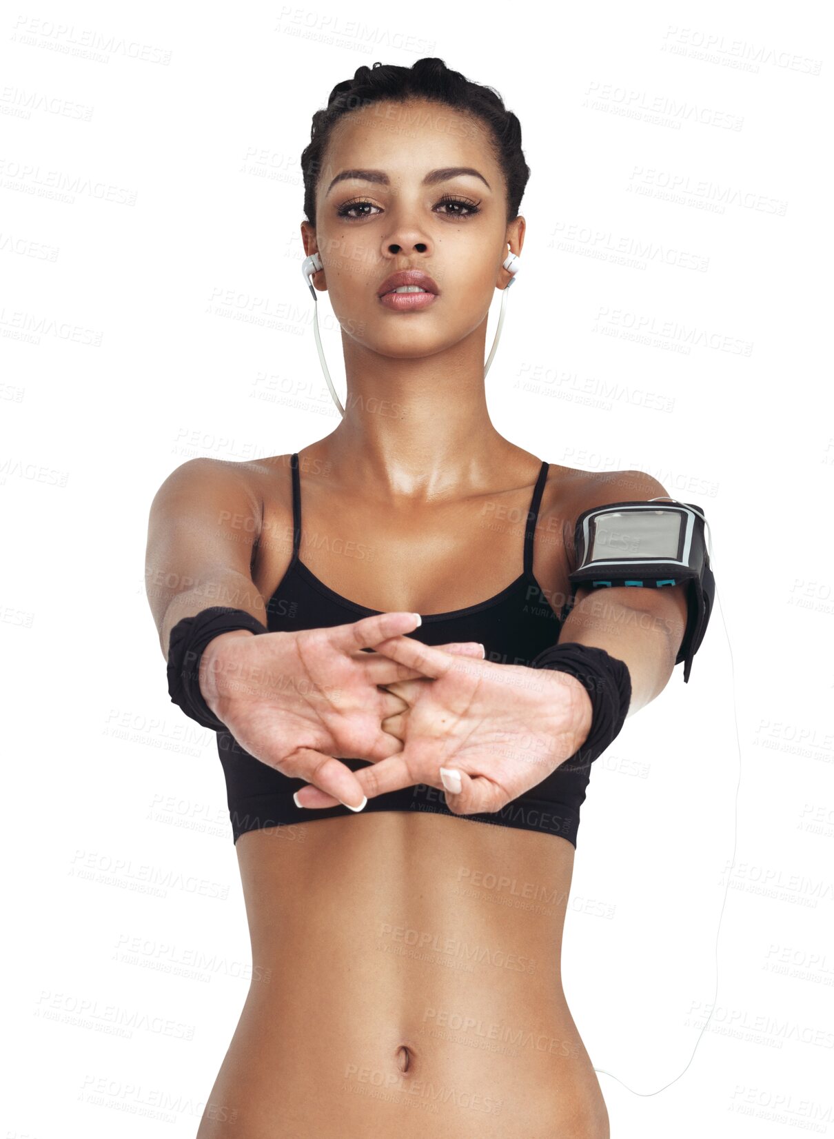 Buy stock photo Sports, stretching and portrait of woman with phone, earphones and music streaming app in workout. Health, exercise and radio, warm up stretch for fitness model isolated on transparent png background