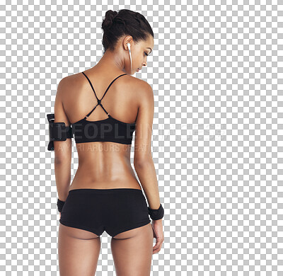 Back, exercise and healthy woman body, listening to music, podcast or radio song for cardio fitness, training or workout on an isolated and transparent png background. Health, wellness and fit model