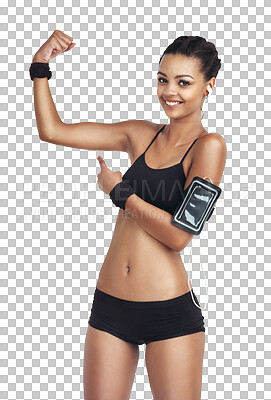 Buy stock photo Muscle flex, fitness portrait and woman isolated on transparent, png background for workout results and phone.  Happy person show arm for body exercise, gym or training goals with music or smartphone