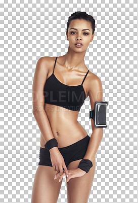 Wellness fitness, health portrait and woman ready for cardio running, performance workout and training for strong body. Model, exercise diet and athlete girl on isolated, transparent png background