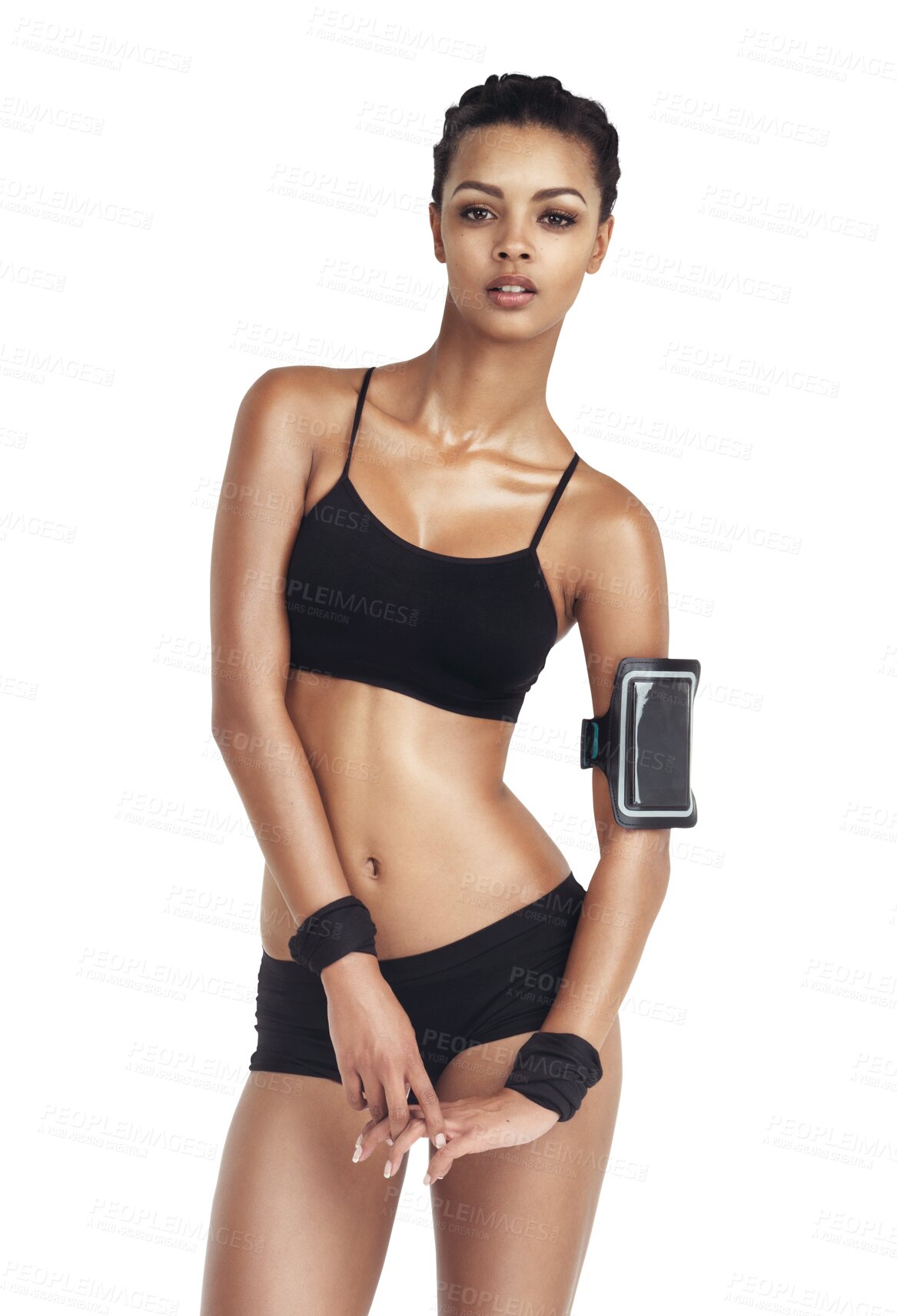 Buy stock photo Portrait, fitness and body of woman with phone, mobile app in performance workout and training strong muscle. Health, sports model and smartphone on arm, girl isolated on transparent, png background.