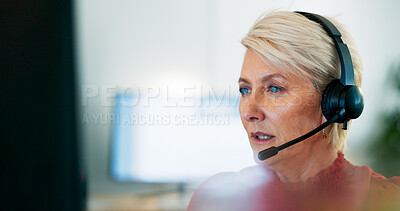 Buy stock photo Mature woman, computer and call center communication in office for customer service, business advisory and CRM questions. Face of telemarketing agent, telecom consultant and contact us for FAQ online