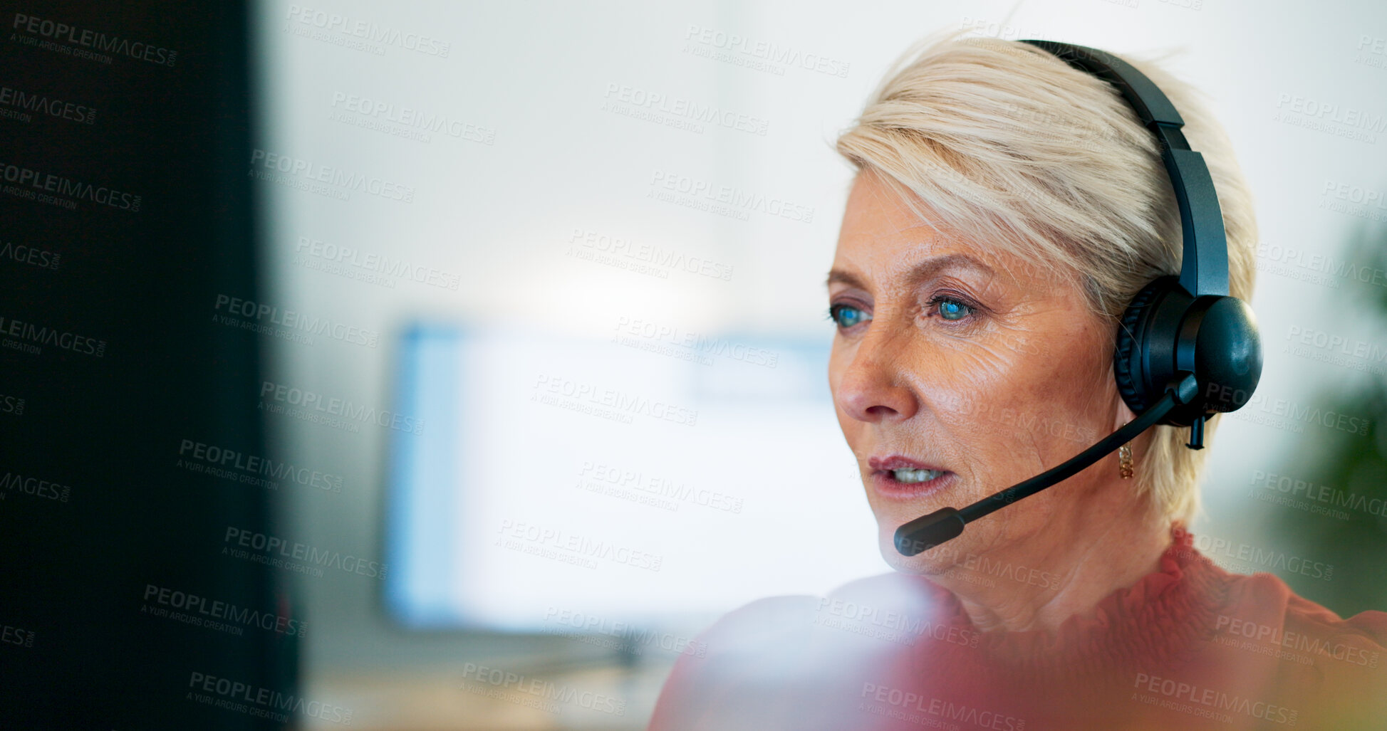 Buy stock photo Mature woman, computer and call center communication in office for customer service, business advisory and CRM questions. Face of telemarketing agent, telecom consultant and contact us for FAQ online