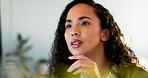 Business woman, face or thinking on computer in digital marketing office, web design studio or advertising branding startup. Closeup, young person using technology for website innovation or ideas