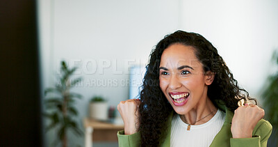 Buy stock photo Business woman, fist and winning at computer in office for bonus, promotion and announcement of achievement. Happy employee, pride and celebrate deal, profit and success of online results at desktop 