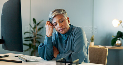 Buy stock photo Stress, headache and mature businesswoman in office doing research for project with deadline at night. Burnout, exhausted and professional female designer with migraine working overtime in workplace.