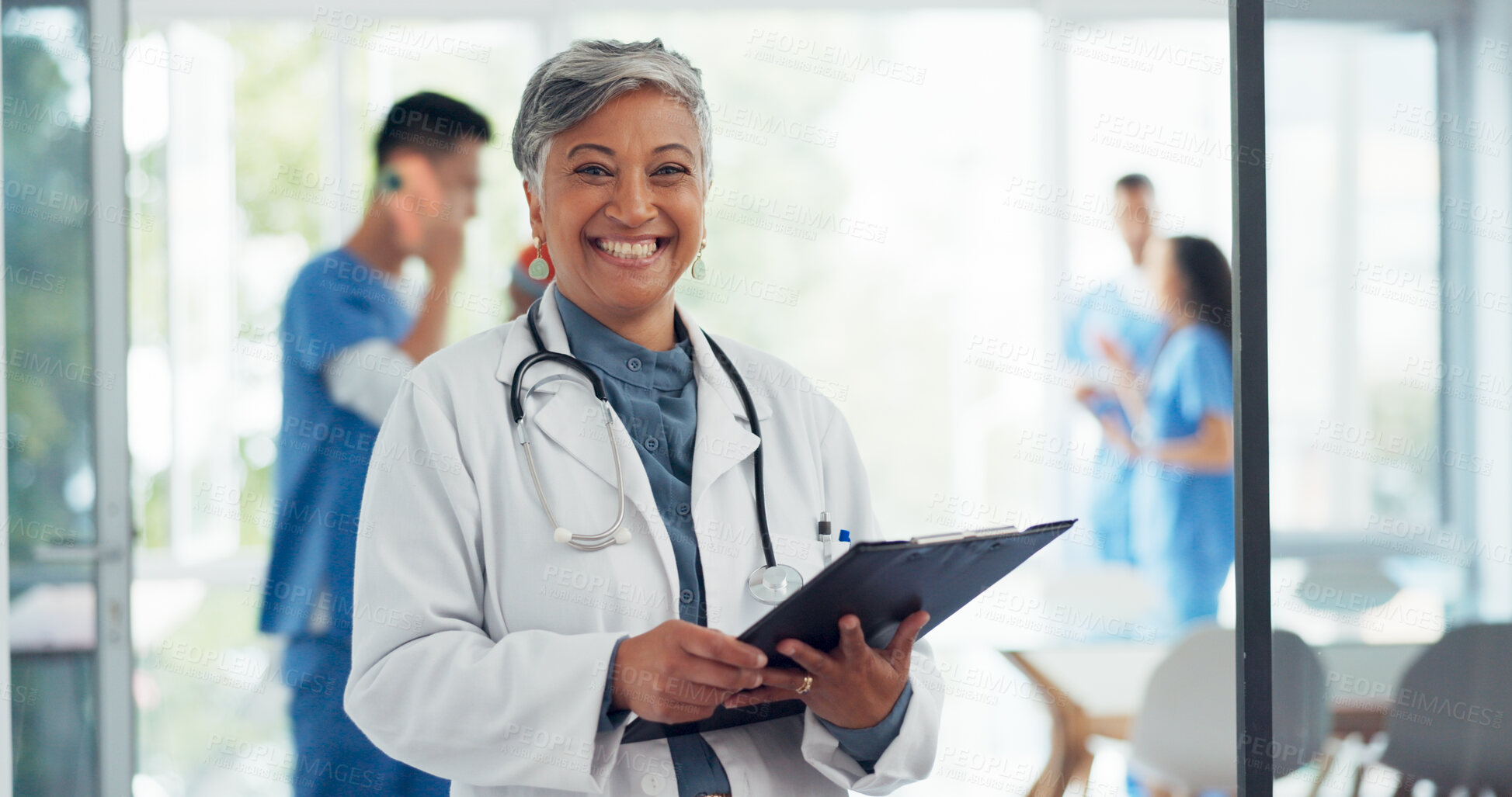 Buy stock photo Senior woman, portrait and doctor in healthcare, career ambition or documents for advice at hospital. Happy mature female person or medical professional smile with clipboard in leadership at clinic