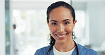 African American Women, face and doctor smile for healthcare, vision or career ambition and advice at the hospital. Portrait of happy and confident Japanese medical expert smiling, phd or medicare at the clinic