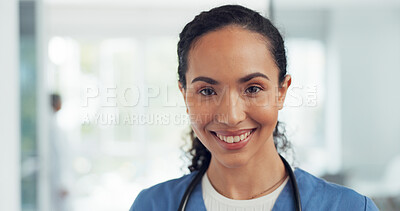 Buy stock photo Face, smile of nurse and woman in hospital, healthcare clinic and wellness in health career. Portrait, happy medical professional surgeon and confident employee, female expert and worker from Brazil