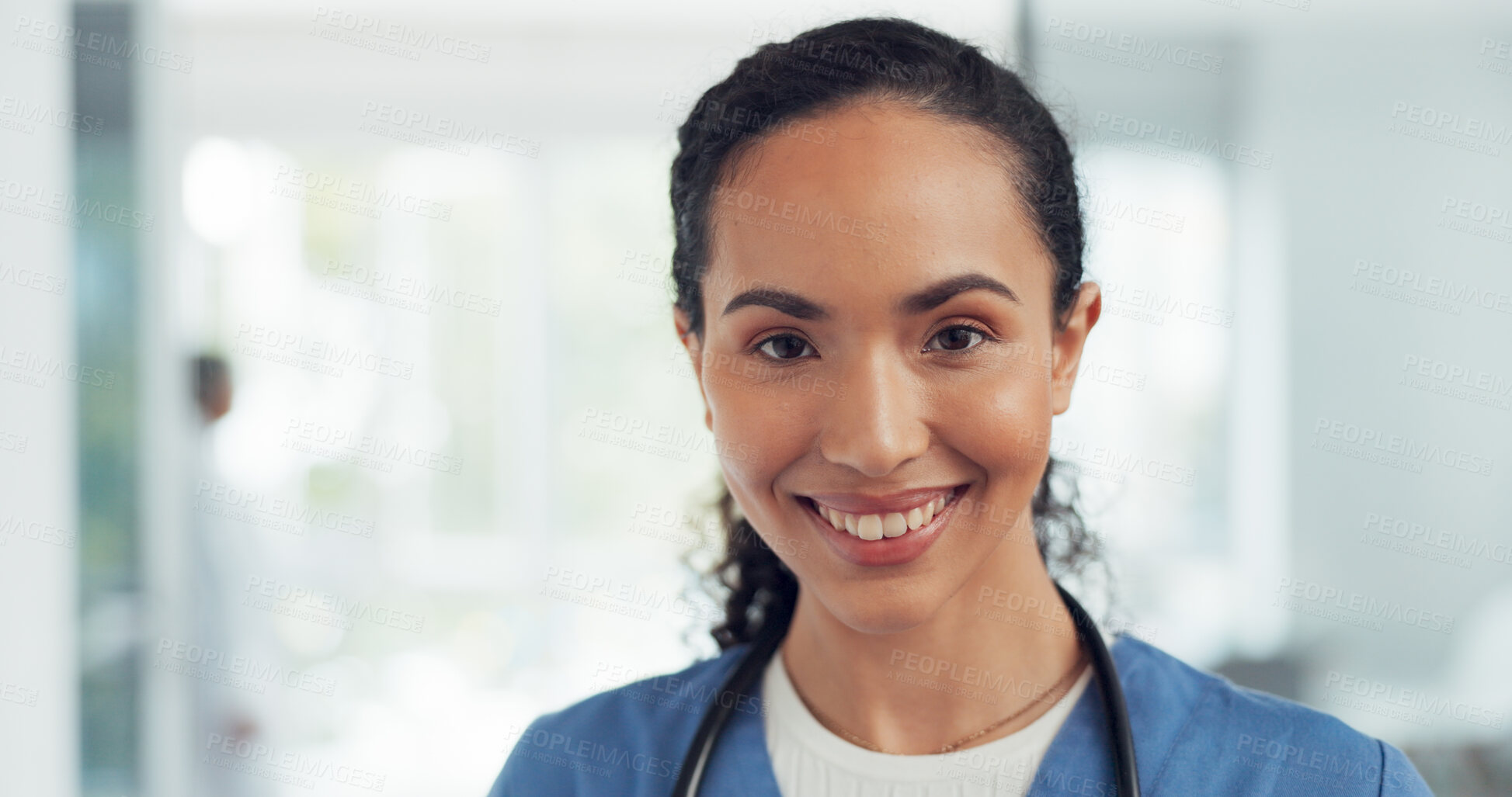 Buy stock photo Face, smile of nurse and woman in hospital, healthcare clinic and wellness in health career. Portrait, happy medical professional surgeon and confident employee, female expert and worker from Brazil