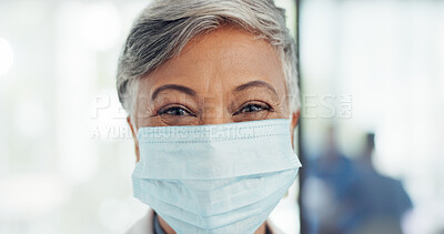 Buy stock photo Covid, face mask and doctor in hospital for healthcare, safety or wellness with woman working in clinic with medicine. Corona, portrait and female nurse or medical physician in pandemic care