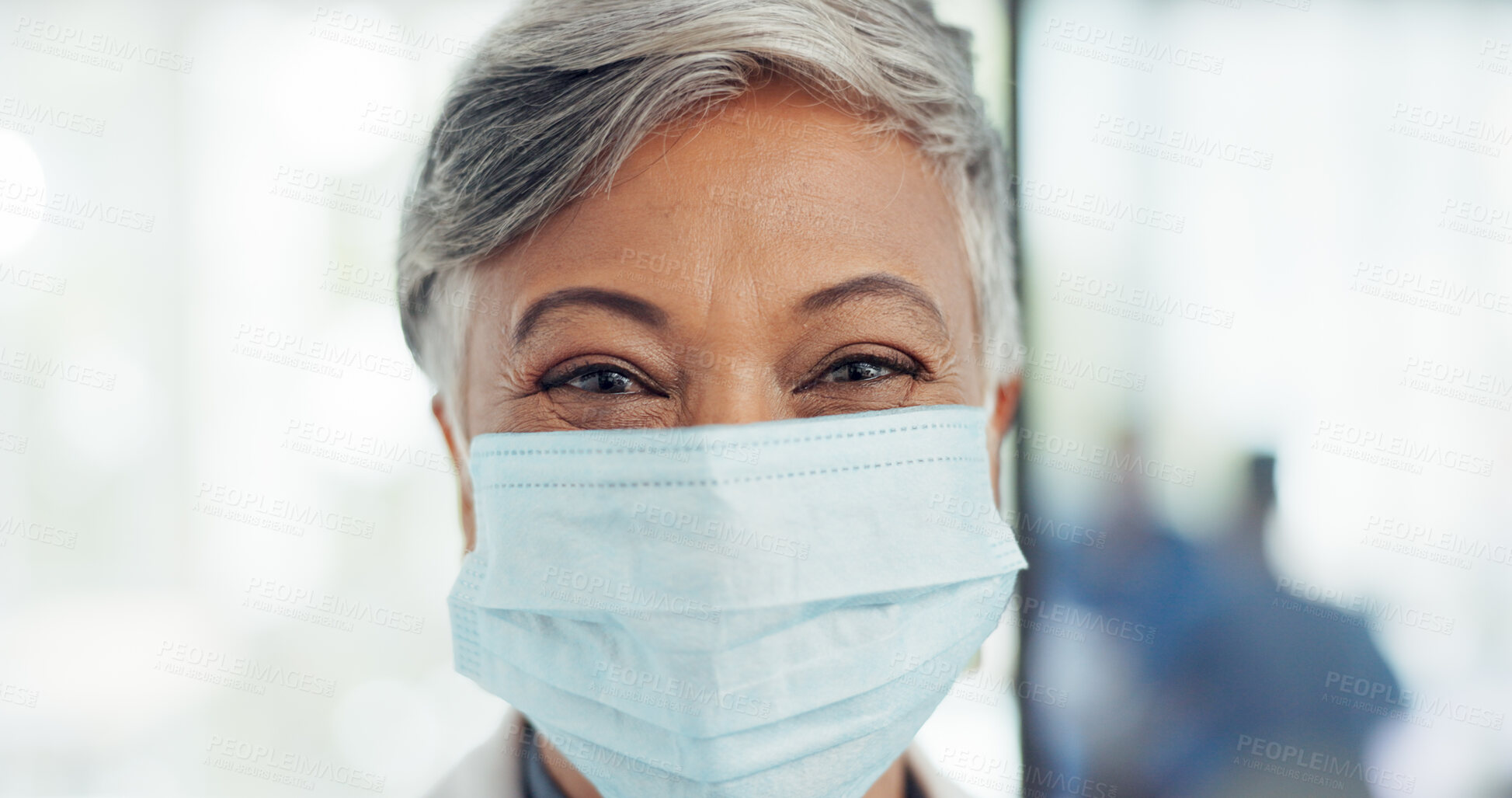 Buy stock photo Covid, face mask and doctor in hospital for healthcare, safety or wellness with woman working in clinic with medicine. Corona, portrait and female nurse or medical physician in pandemic care