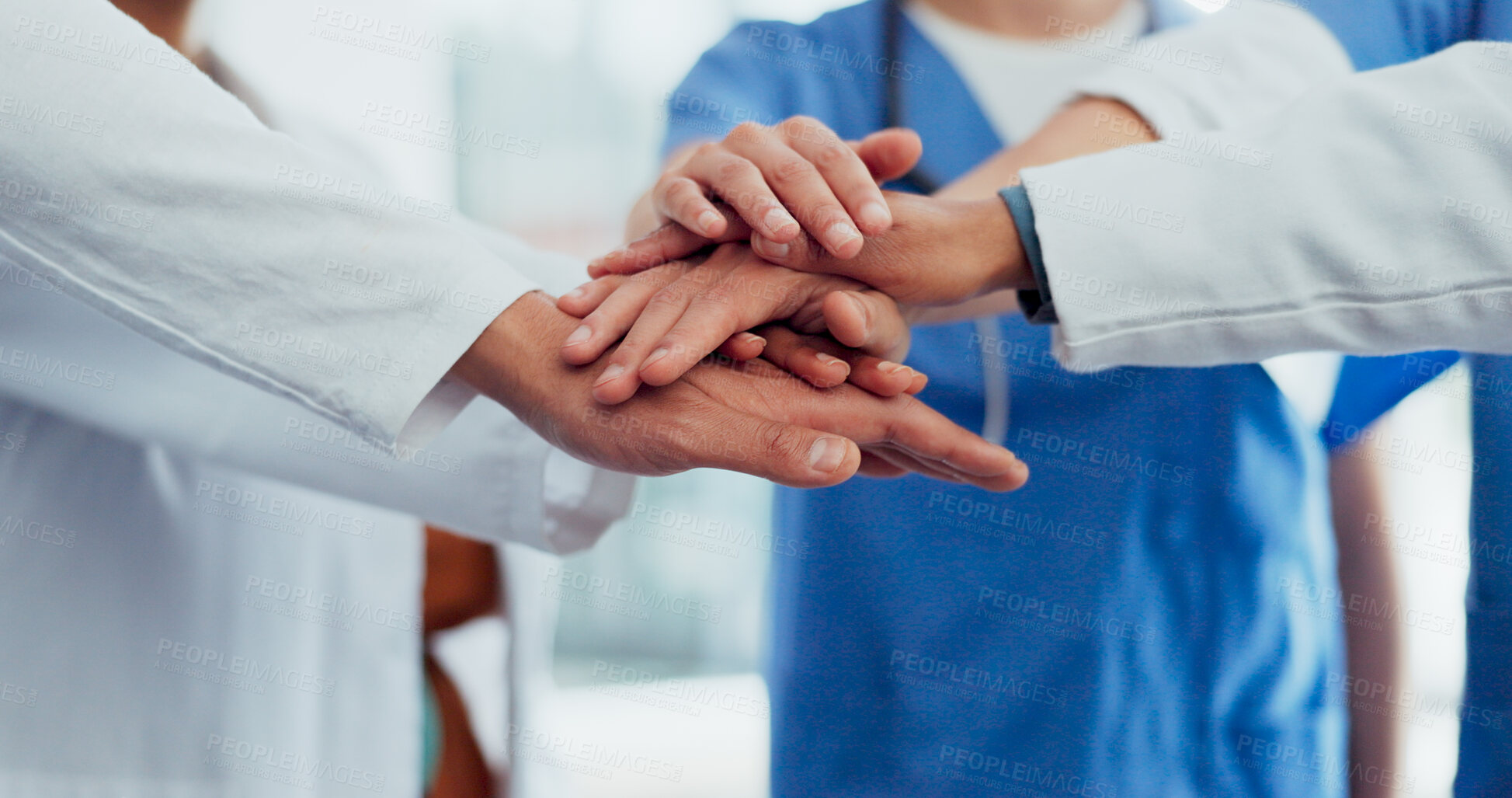 Buy stock photo Doctor, teamwork and hands together in healthcare, meeting or collaboration for motivation at hospital. Closeup of medical group piling in team building, support or trust for staff goals at clinic