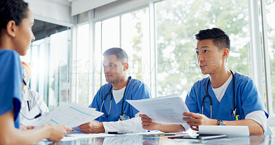 Buy stock photo People, doctor and meeting with documents in planning, collaboration or healthcare strategy at hospital. Group of medical staff in team discussion, schedule or brainstorming with paperwork at clinic