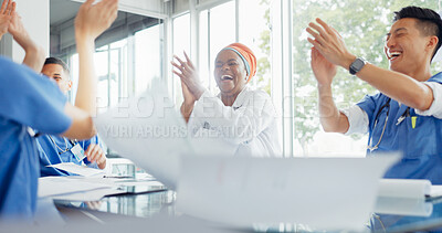 Buy stock photo Doctor, meeting and applause in celebration, winning or team promotion in success together at hospital. Group of happy people, nurse or medical workers clapping for teamwork or achievement at clinic