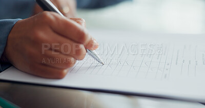 Buy stock photo Person, hands and pen for writing, checklist or survey in questionnaire on table or office desk. Closeup of worker on business contract, form or documents in tick, paperwork or feedback at workplace