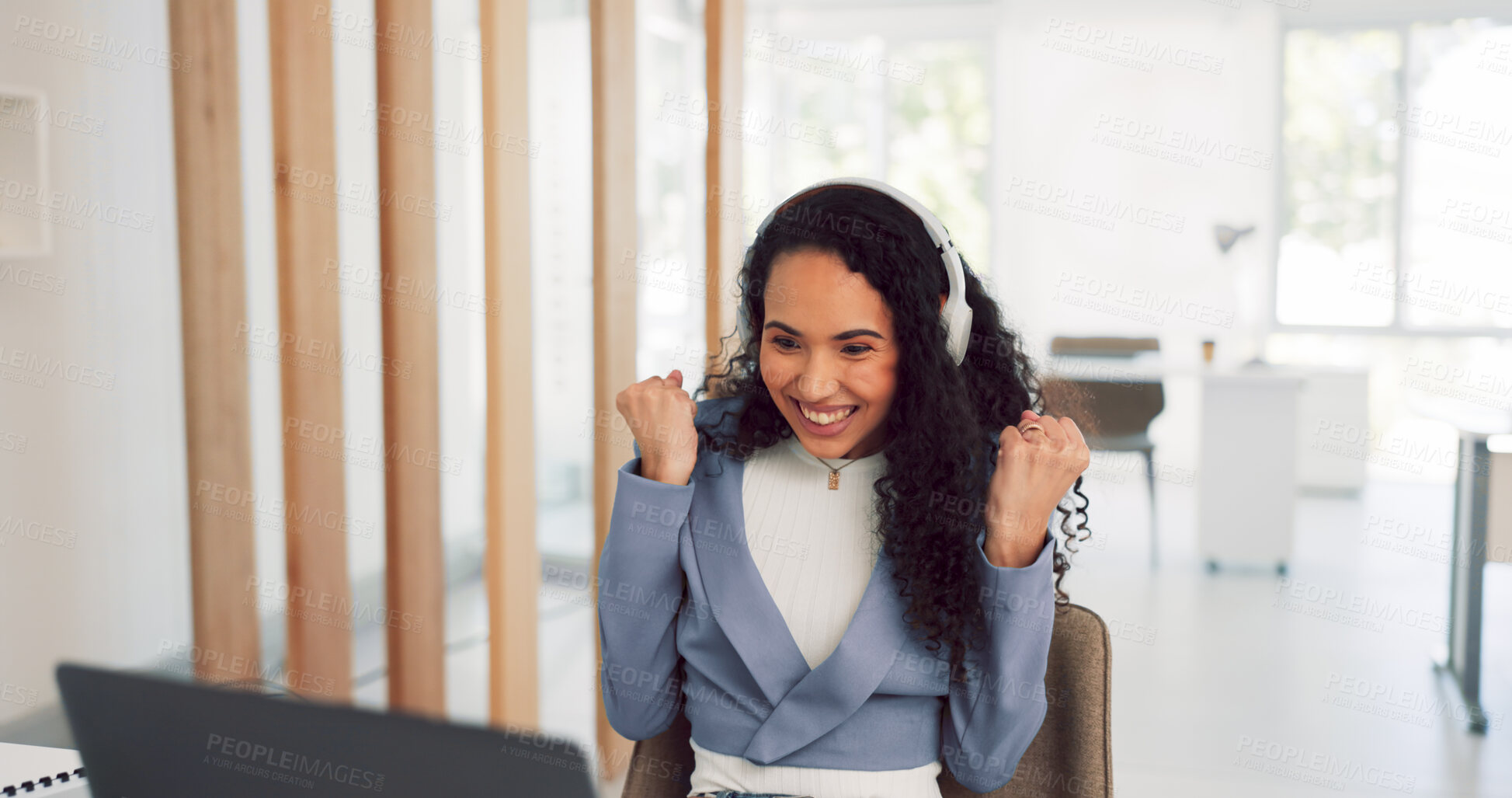 Buy stock photo Happy woman, business and fist pump in celebration, winning or promotion for bonus at office. Female person or employee smile on laptop in happiness for good news, achievement or target at workplace
