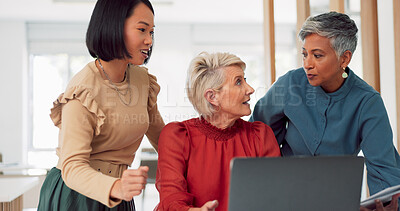 Buy stock photo Staff talk, laptop and business women in office happy and web planning for startup company. Creative, diversity and female team with coworking for collaboration, teamwork and conversation together