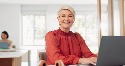 Buy stock photo Business, smile and senior woman with laptop, portrait and connection with planning, email notification or travel agent. Mature person, employee or worker with a pc, online reading or search internet