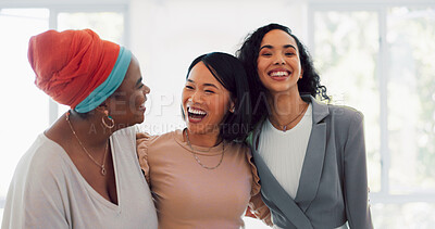 Buy stock photo Staff, happy and business women in office happy and excited for startup company. Creative, diversity and female team laughing with coworking for collaboration, teamwork and conversation together