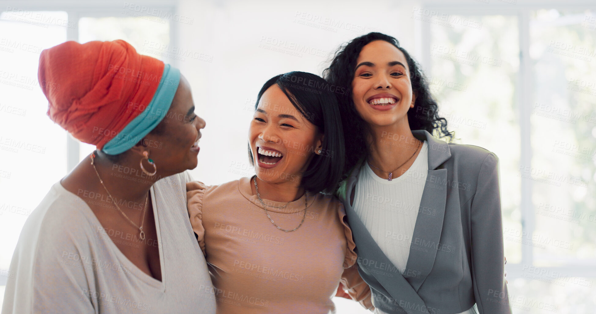 Buy stock photo Staff, happy and business women in office happy and excited for startup company. Creative, diversity and female team laughing with coworking for collaboration, teamwork and conversation together