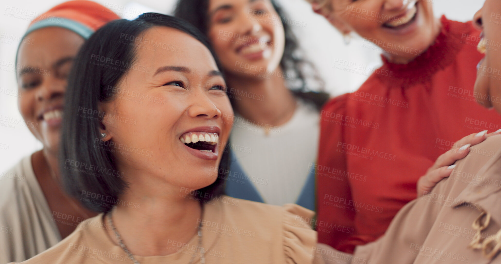 Buy stock photo Staff, laughing closeup and business women in office happy and excited for startup company. Creative, diversity and female team with coworking for collaboration, teamwork and funny joke together