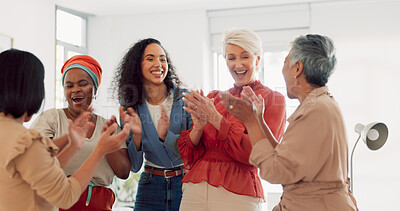 Buy stock photo Creative women, applause and celebration in meeting, motivation or winning together at office. Happy group of employees clapping in team building, promotion or success for startup goals at workplace