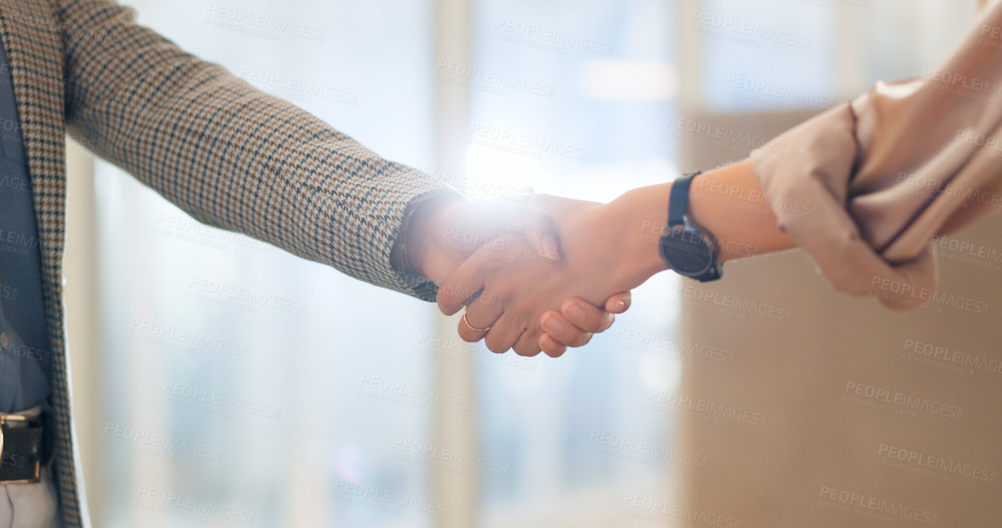 Buy stock photo Business people, handshake and b2b deal in partnership, meeting or teamwork together at office. Employees shaking hands in greeting, introduction or team support for hiring, trust or promotion