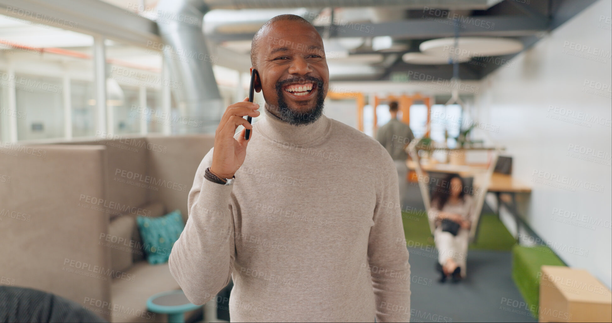 Buy stock photo Happy black man, phone call and laughing for funny joke, communication or conversation at office. Creative African male person smile for friendly startup discussion on mobile smartphone at workplace