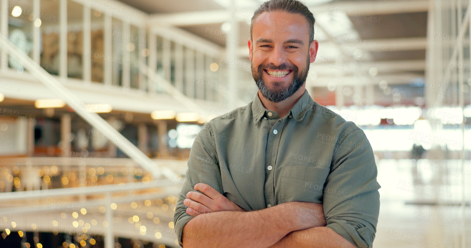 Buy stock photo Crossed arms, office and portrait of business man with confidence, pride and success in creative agency. Happy, professional and face of person in workplace for project management, startup or company