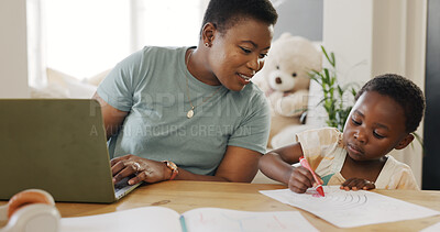 Mother typing on laptop with kid in living room and kiss child care support in working from home online. African girl drawing at table, black mom writing business email and elearning technology