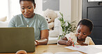 Mother typing on laptop with kid in living room and kiss child care support in working from home online. African girl drawing at table, black mom writing business email and elearning technology