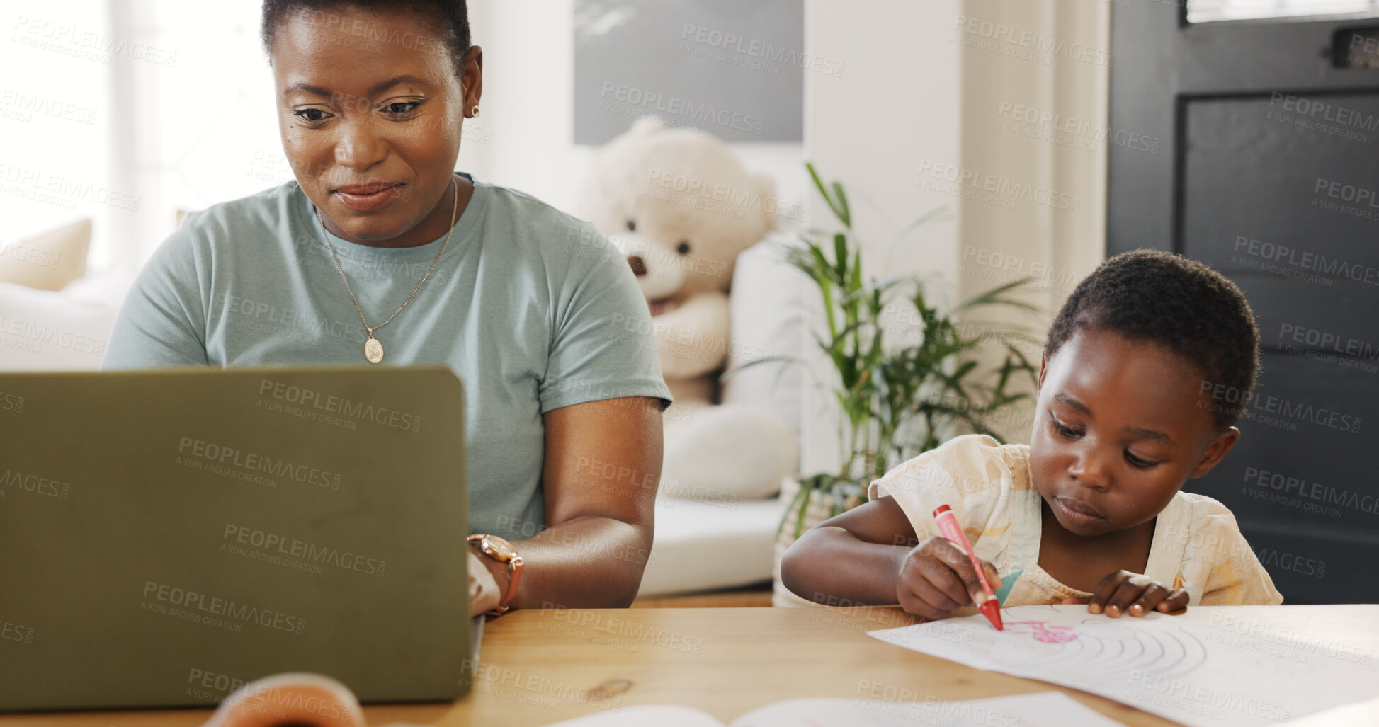 Buy stock photo Education, laptop and mother doing elearning with kid for knowledge development at home. Technology, online class and black woman helping boy child with homework on computer in dining room at a house