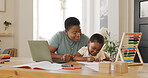 Black family, mother and girl busy with house learning and drawing with mom working from home. Creative work, computer and mama working on technology busy with child care and teaching with art