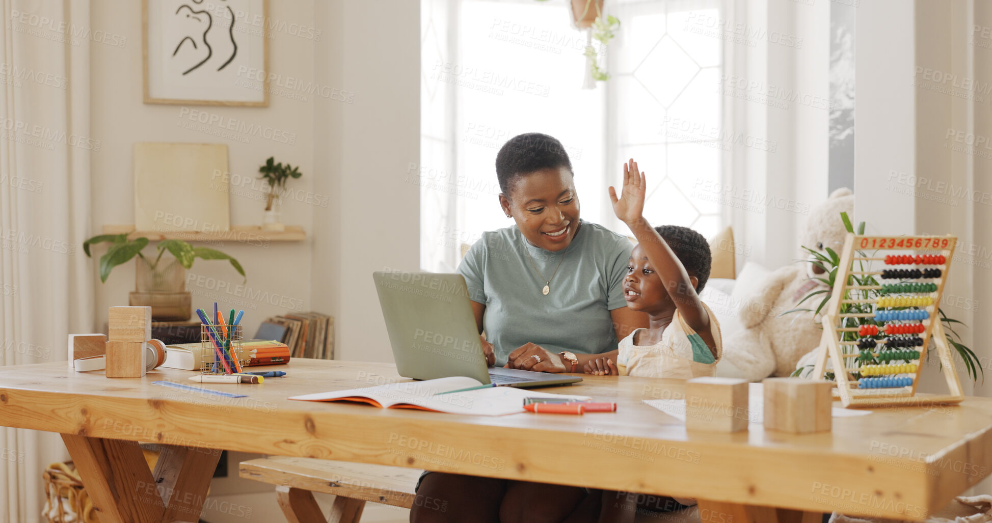 Buy stock photo Education, laptop and mother doing elearning with child for knowledge development at home. Technology, online class and black woman helping boy kid with homework on computer in dining room at a house