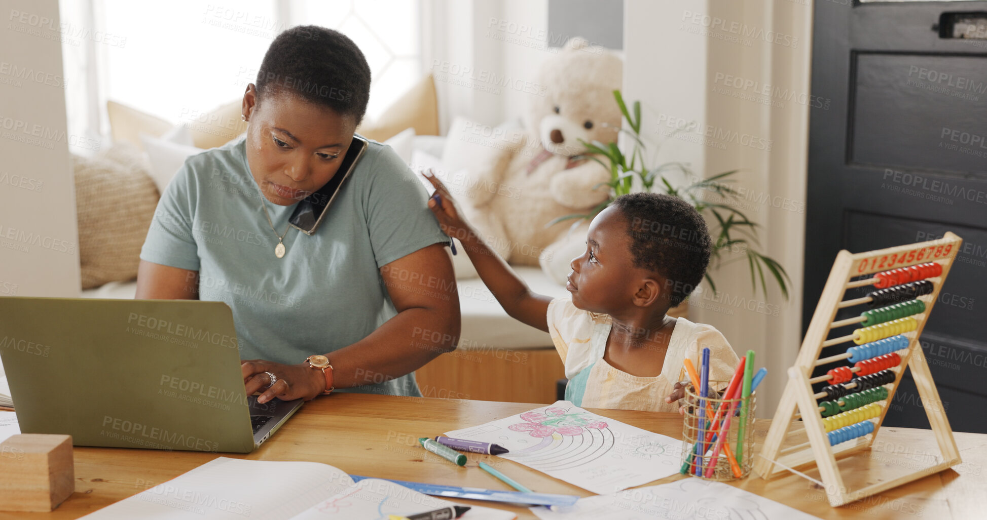 Buy stock photo Laptop, home business or education with a mother and daughter in the living room for distance learning. Computer, drawing or remote work with a black woman and girl child in a house for growth