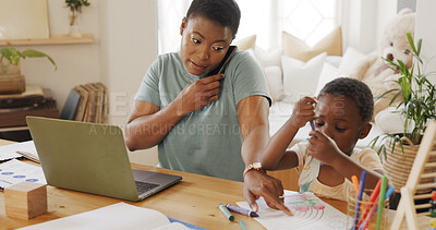 Black woman, laptop and help child with homework, while typing work and proposal for business. Mama, child and assist kid with color book, typing on digital device and bonding being loving and talk.