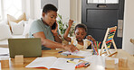 Black woman, laptop and help child with homework, while typing work and proposal for business. Mama, child and assist kid with color book, typing on digital device and bonding being loving and talk.