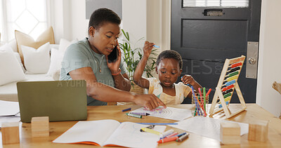Black woman, laptop and help child with homework, while typing work and proposal for business. Mama, child and assist kid with color book, typing on digital device and bonding being loving and talk.